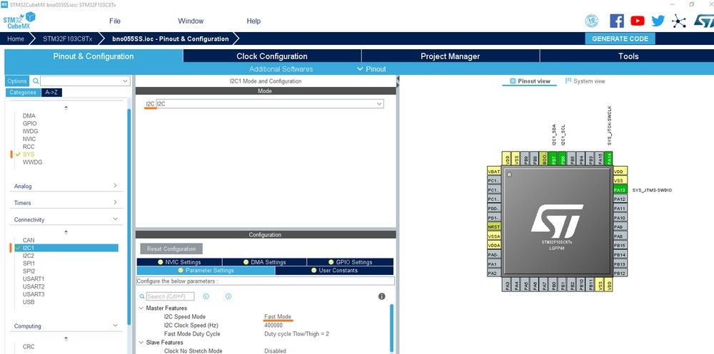 STM32 CubeMX configuration for BNO055